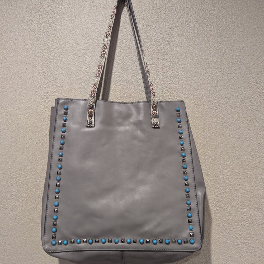 Gray Studded Tote Bag